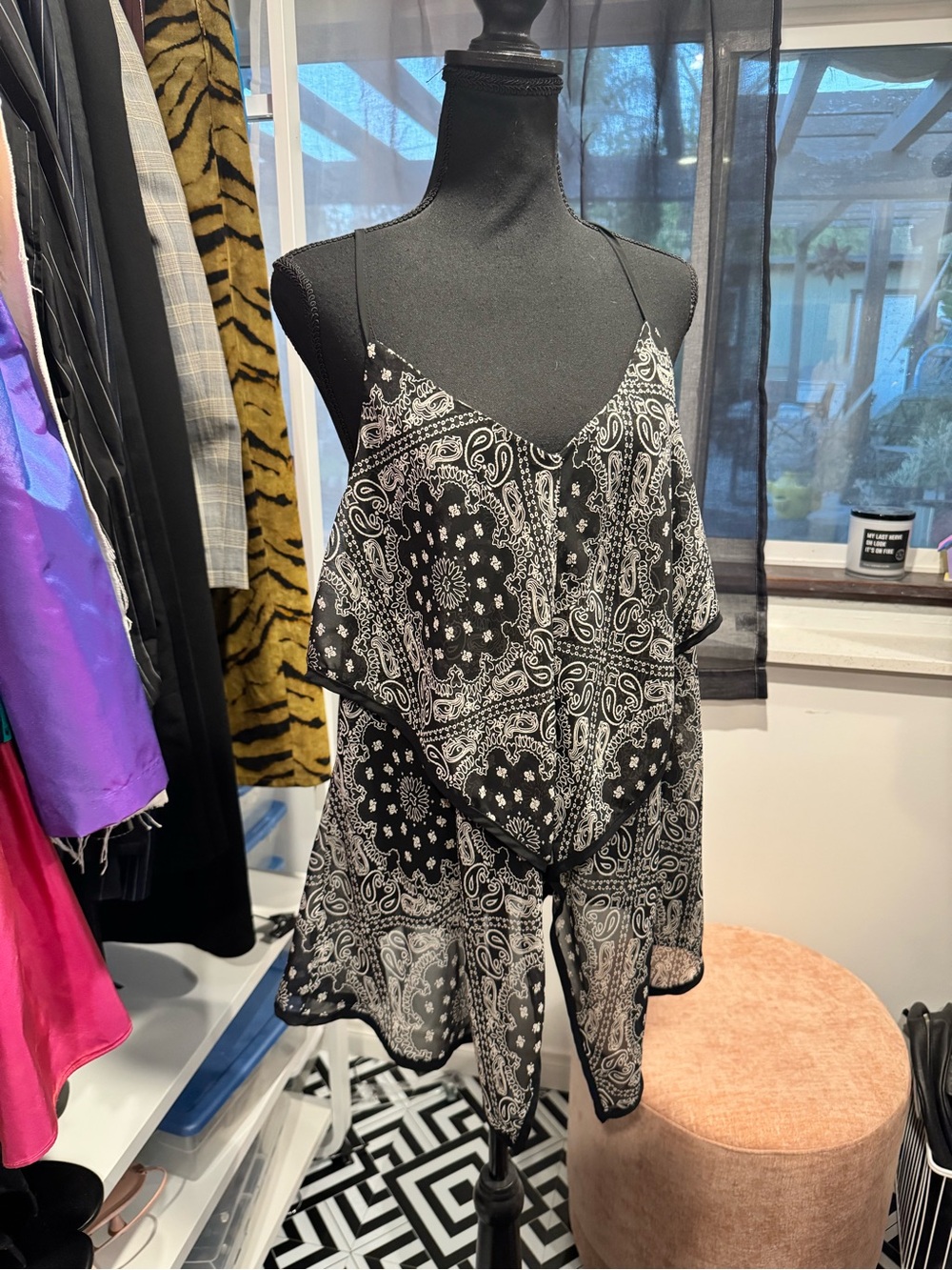 Vintage Y2K Black Paisley Bandana Handkerchief Hem Cami Top
